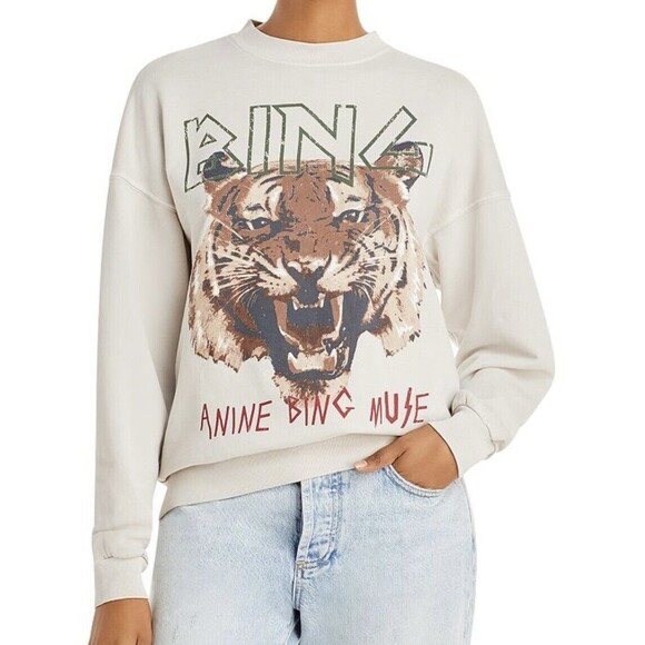 ANINE BING Muse Tiger Graphic Print Sweatshirt Crewneck Neutral Beige Stone XS - Picture 1 of 10